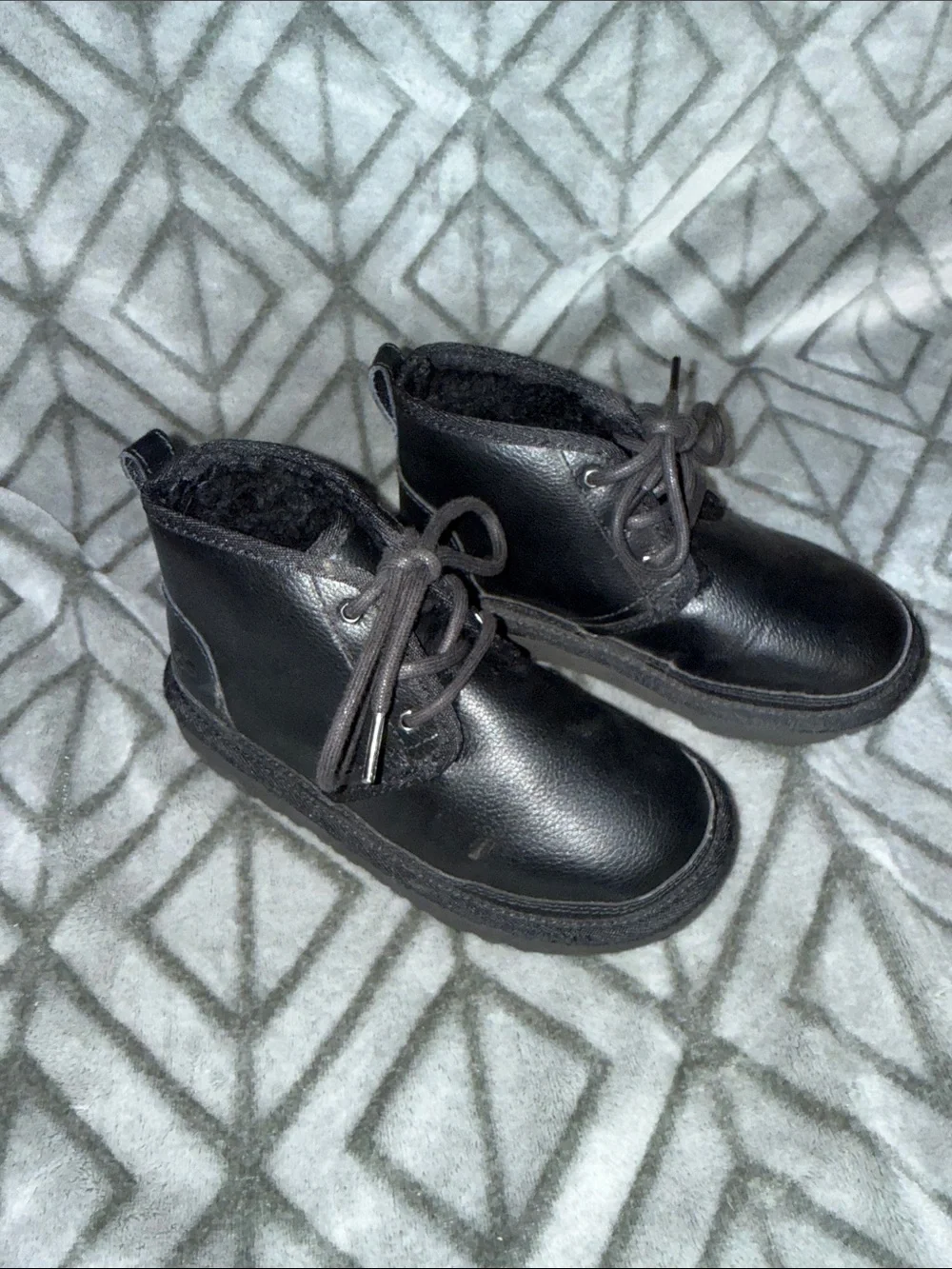 UGG Kids Black Leather Lace-Up Ankle Boots